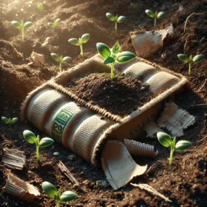 Compostable and biodegradable packaging breaking down in rich soil, surrounded by small sprouting plants under natural sunlight.