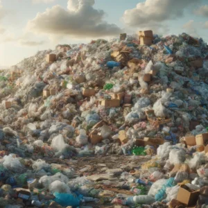 Landfill filled with traditional packaging waste, including plastic, Styrofoam, and non-recycled paper, under a cloudy sky.